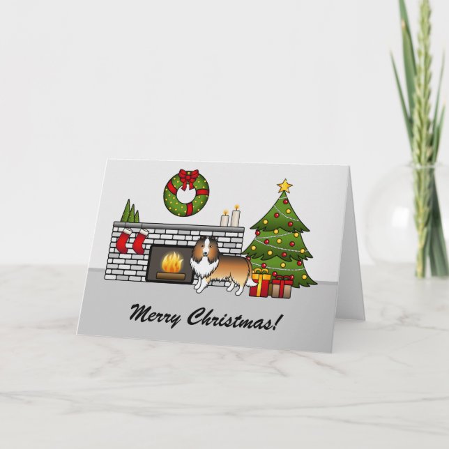 Sable Sheltie Hund i ett julrum & text Kort (Framsida)