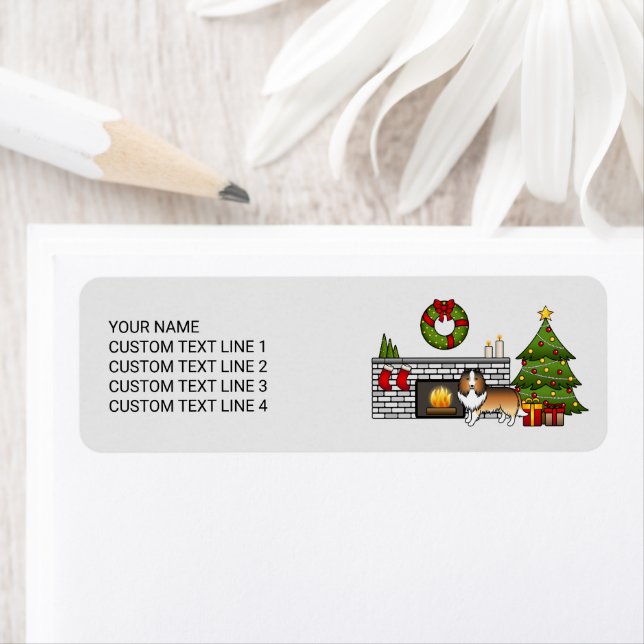 Sable Sheltie Hund i julrum och text Returadress Etikett (Insitu)