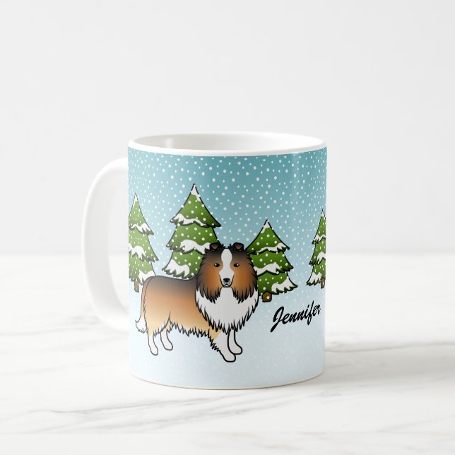 Sable Sheltie Tecknad Hund På Vinter & Namn Kaffemugg (Framsida vänster)
