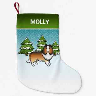 Sable Sheltie Tecknad Hund På Vinter & Namn Liten Julstrumpa