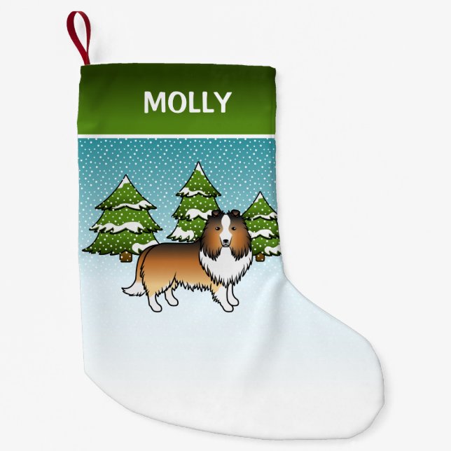 Sable Sheltie Tecknad Hund På Vinter & Namn Liten Julstrumpa (Framsidan)