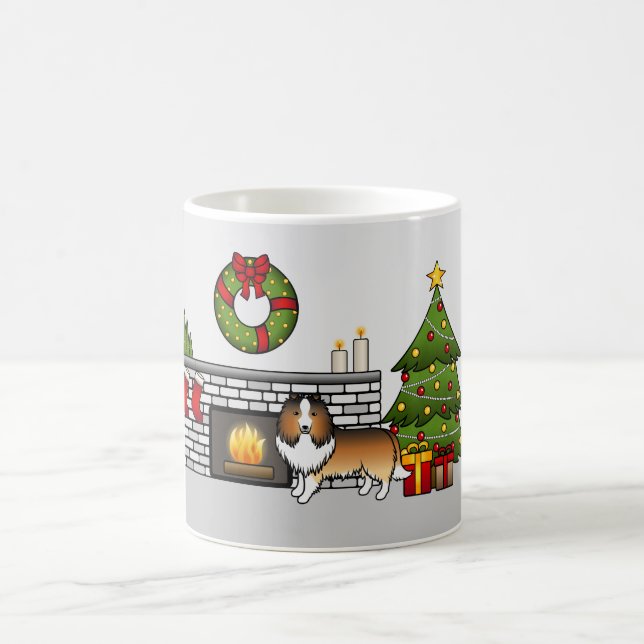 Sable Shetland Sheepdog Hund I Ett Julrum Kaffemugg (Center)