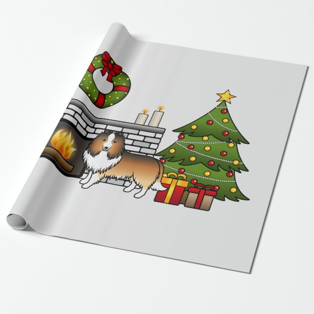 Sable Shetland Sheepdog Hund I Ett Julrum Presentpapper (Utrullad)