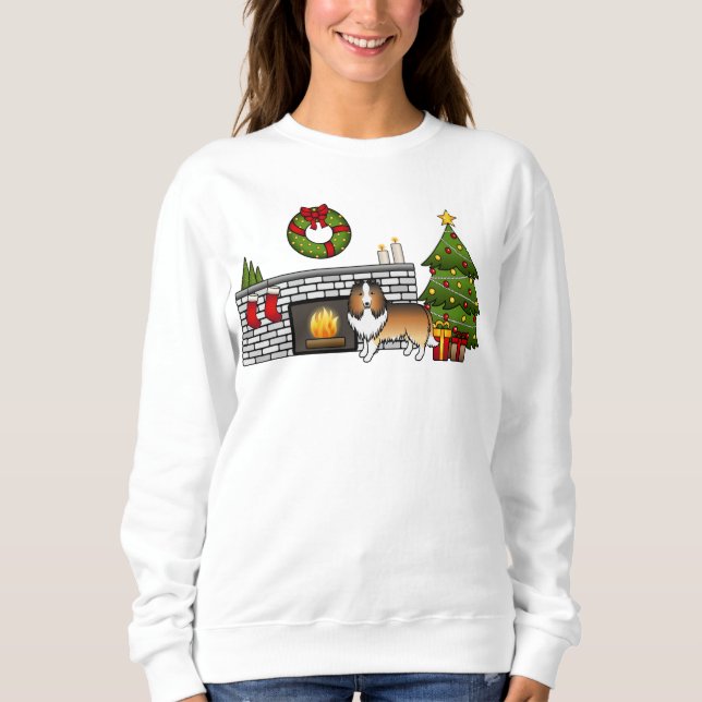 Sable Shetland Sheepdog Hund I Ett Julrum T Shirt (Framsida)