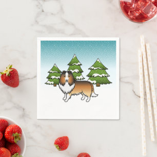 Sable Shetland Sheepdog I En Vinter Skog Pappersservett