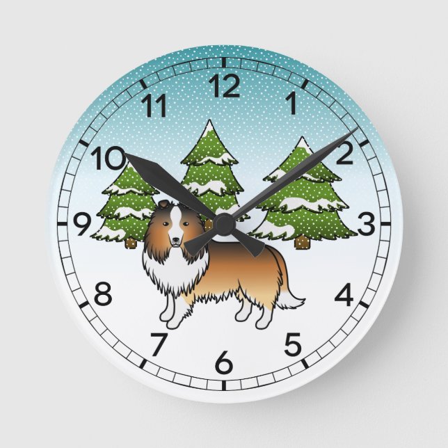 Sable Shetland Sheepdog I En Vinter Skog Rund Klocka (Framsida)