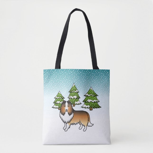 Sable Shetland Sheepdog I En Vinter Skog Tygkasse (Framsida)