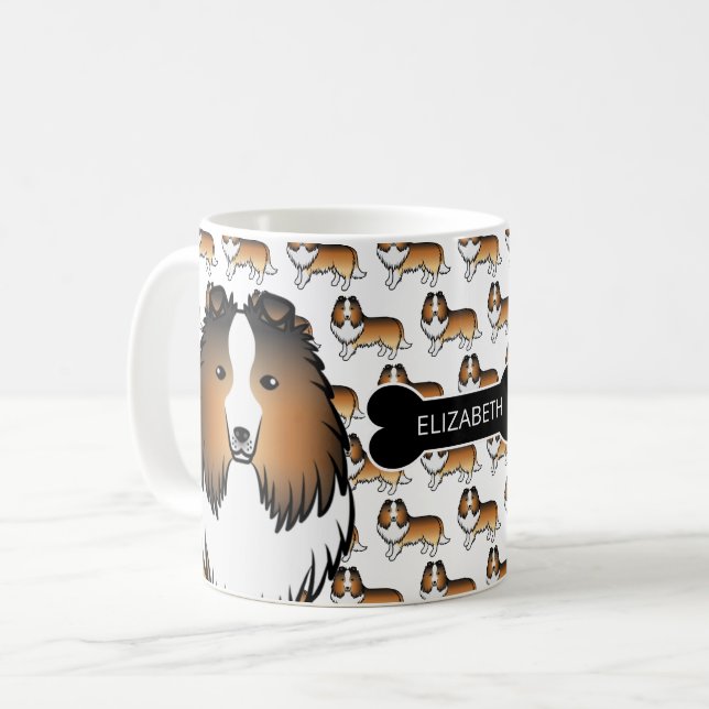 Sable Tecknad Sheltie Med Hundben & Namn Kaffemugg (Framsida vänster)