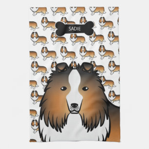 Sable Tecknad Sheltie Med Hundben & Namn Kökshandduk