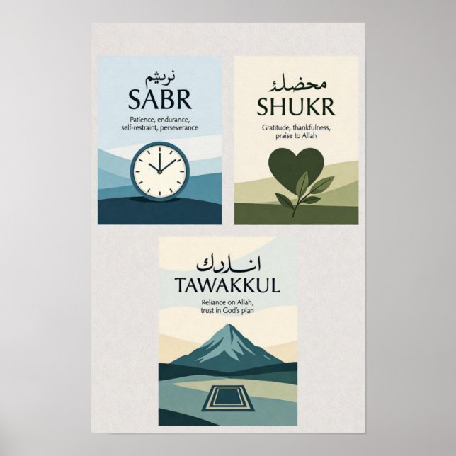 Sabr, Shukr, Tawakkul | Modern Muslim Home Gift Poster (Framsidan)