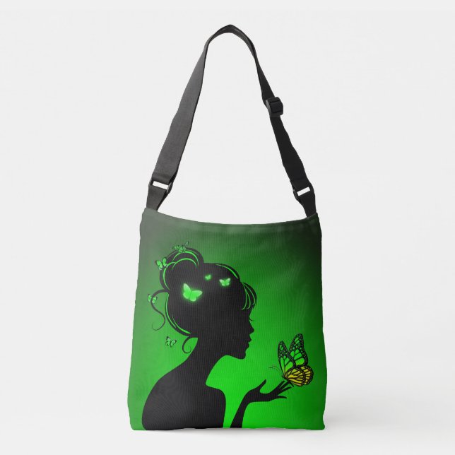 Sac Ajustable La femme papillons verts Axelväska (Framsida)