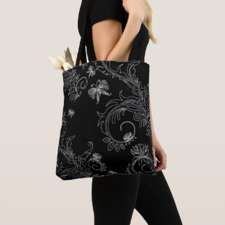 sac cabas ornation fleurs noir et blanc tygkasse