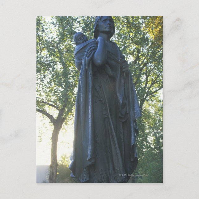 "Sacagaweas och hennes sons staty, guide på Vykort (Framsida)