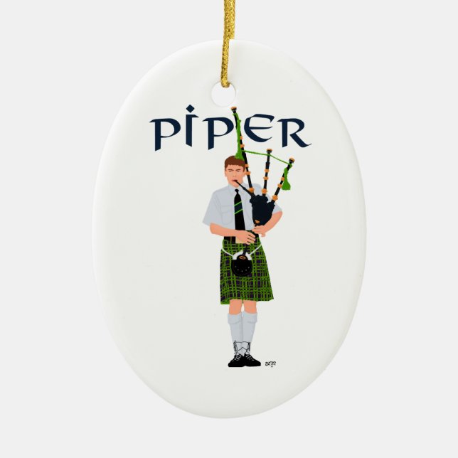 Säckpipspelare - Grön kilt Julgransprydnad Keramik (Framsidan)