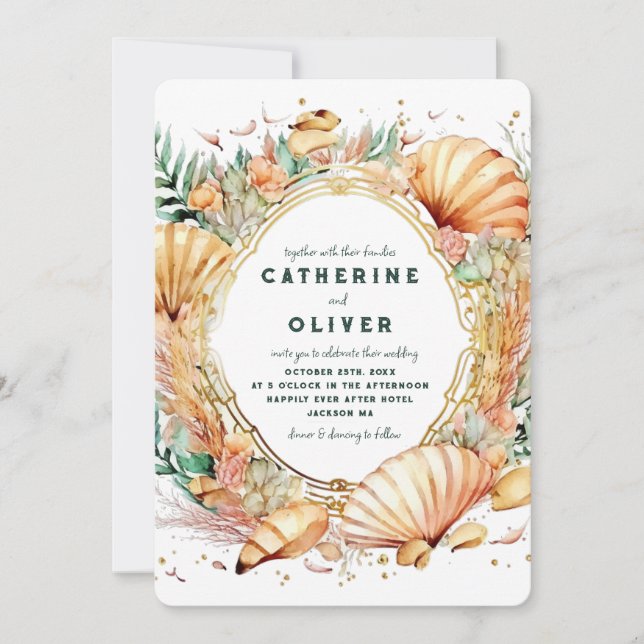 Säckskal Guld Ram Ocean Sommar Beach Wedding Inbjudningar (Framsida)