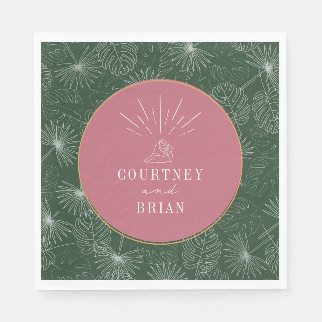 Säckskal Rosa och Grönt Handflatan Tropical Beach  Pappersservett (Framsidan)