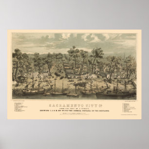 Sacramento, CA Panoramic Karta - 1850 Poster