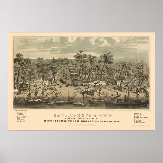 Sacramento, CA Panoramic Karta - 1850 Poster (Framsidan)