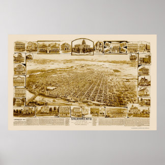 Sacramento, CA Panoramic Karta - 1890's Poster