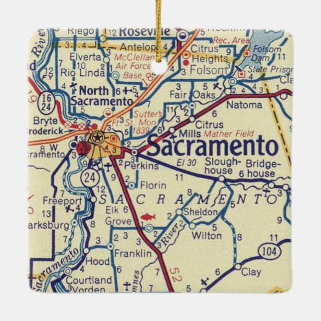Sacramento CA Vintage Karta Julgransprydnad Keramik (Baksida)