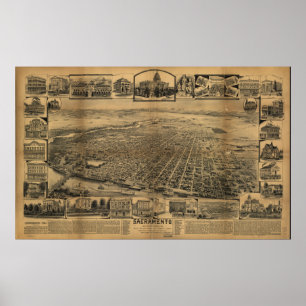 Sacramento California Antique Panoramic Karta Poster