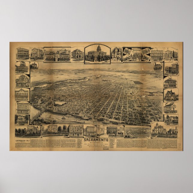 Sacramento California Antique Panoramic Karta Poster (Framsidan)