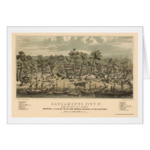Sacramento panorama- karta för CA - 1850 Hälsningskort