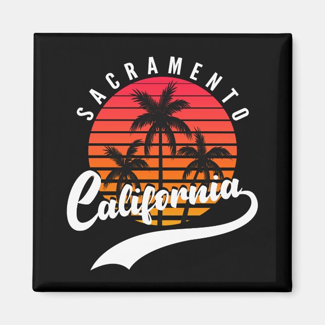 Sacramento Retro Sunset och Handflatan Träd Magnet (Framsidan)