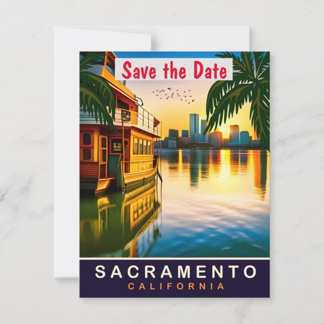 Sacramento Riverboat Solnedgång bröllopsinbjudan Spara Datumet (Framsida)