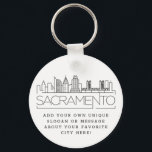 Sacramento Stylized Skyline | Anpassningsbar Sloga Nyckelring<br><div class="desc">En unik nyckelring som representerar den vackra staden Sacramento i Kalifornien. Den här nyckelkedjan har en stiliserad illustration av stadens unika skylt med namn under. Under staden är namn en plats för din unika slogan eller påstående om din favoritstad.</div>