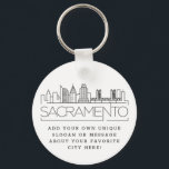 Sacramento Stylized Skyline | Anpassningsbar Sloga Nyckelring<br><div class="desc">En unik nyckelring som representerar den vackra staden Sacramento i Kalifornien. Den här nyckelkedjan har en stiliserad illustration av stadens unika skylt med namn under. Under staden är namn en plats för din unika slogan eller påstående om din favoritstad.</div>