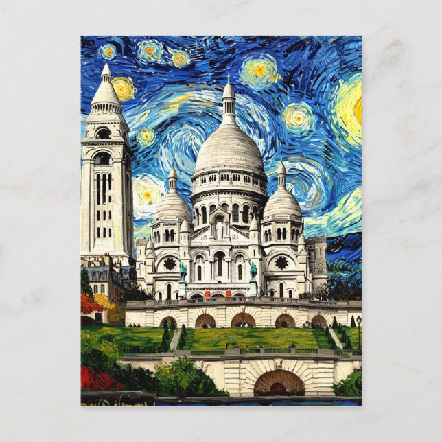 Sacre-Coeur Paris Frankrike Starry Night Vykort (Framsida)