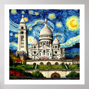 Sacre-Coeur Paris Frankrike Stjärnklar natt Poster