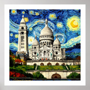 Sacre-Coeur Paris Frankrike Stjärnklar natt Poster