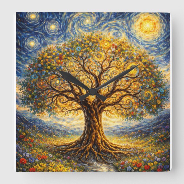 Sacred geometry art  tree fyrkantig klocka (Framsida)