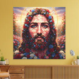 Sacred Heart Jesus Floral Rose Portrait - Premium Canvastryck
