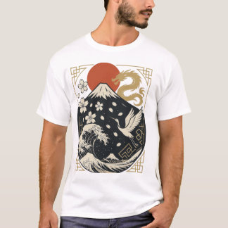 【Sacred Japan – Mount Fuji Dragon & Crane T-Shirt】 T Shirt