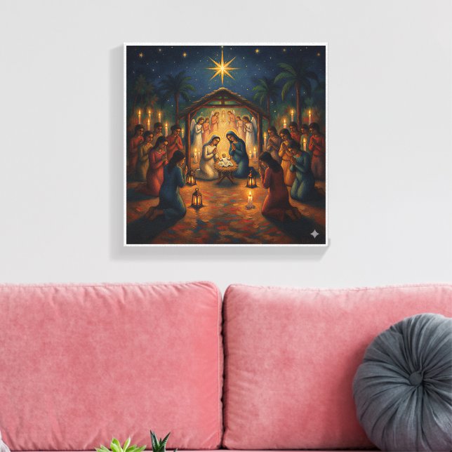 Sacred Night Nativity Scene – Vibrant Christmas Canvastryck (Insitu (Vardagsrum))