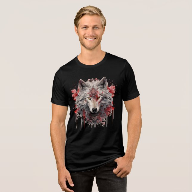 Sacred White Wolf – Ornate Red Mystic Art T Shirt (Framsida Full)