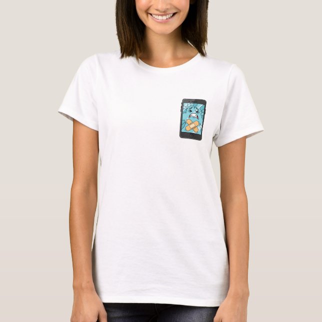 Sad Cracked Smartphone Character with Bandaids T Shirt (Framsida)