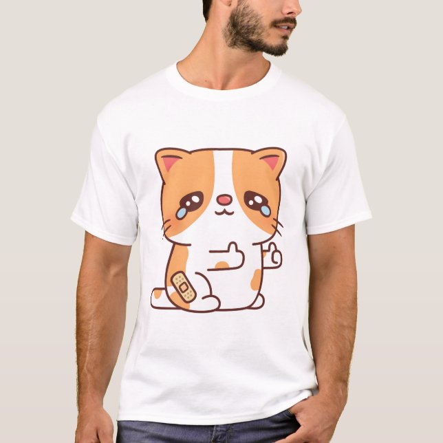 Sad Crying Cat But Thumbs Up T Shirt (Framsida)