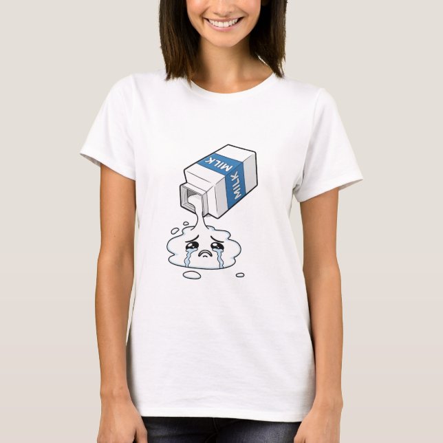 Sad Crying Spilled Milk Carton Puddle Character T Shirt (Framsida)