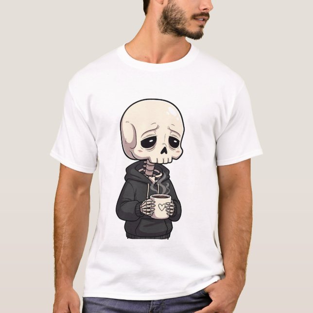 Sad Skeleton Wearing Hoodie Drinking Hot Coffee T Shirt (Framsida)