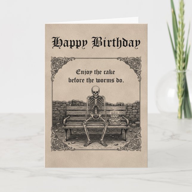 Sad Skelton on Bench Funny Gothic Custom Birthday Kort (Framsida)