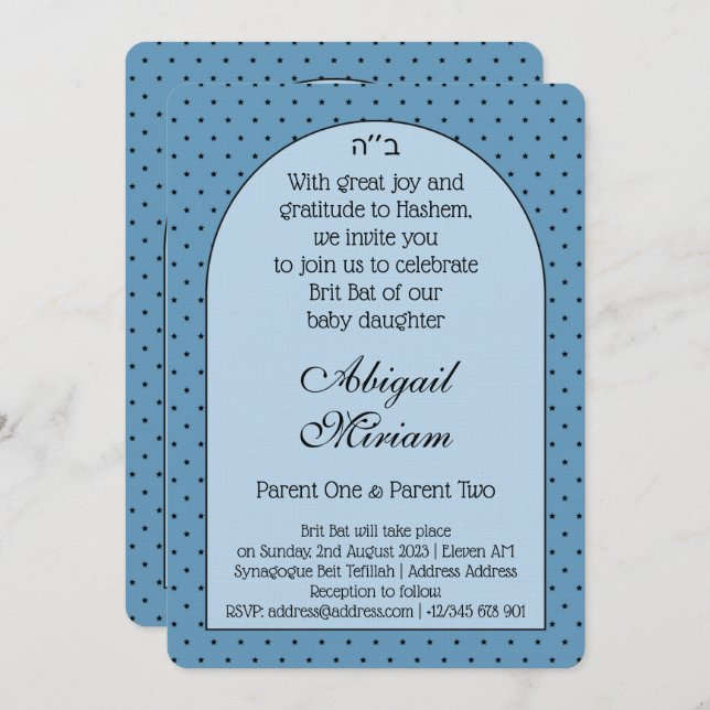 Saddam Fladdermus judisk Flicka namnger hebreisk i Inbjudningar (Fram/baksida)