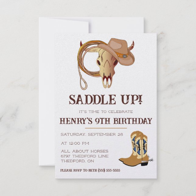 Saddla upp! Det är dags att fira! Cowboy Birthday Inbjudningar (Framsida)