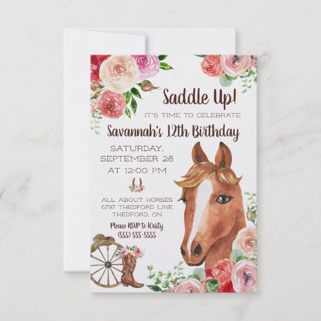 Saddla upp! Det är dags att fira! Horse Birthday Inbjudningar (Framsida)
