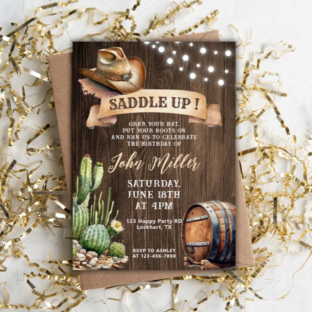 Saddla upp födelsedag - Western Cowboyhatt & Cactu Inbjudningar (Skapare uppladdad)