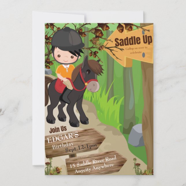 Saddla upp födelsedagsinbjudan 1 (pojke) (Framsida)