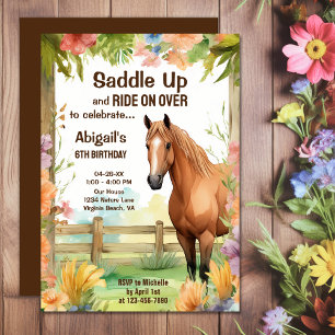 Saddla upp Söt Horse and Flowers Birthday Inbjudningar